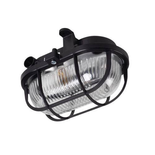 Kanlux E27, IP54, 110x100 mm, fekete, műanyag házas, ovális védőráccsal ellátott hajólámpa, MILO - hajóra, pincébe, borospincébe, raktárba