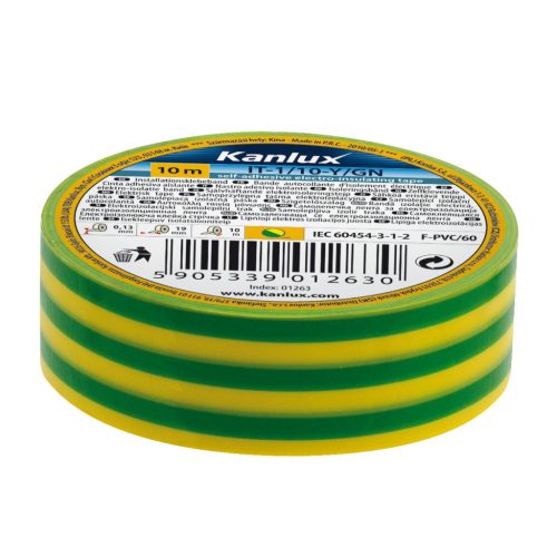 Kanlux 19 mm x 20 m x 0,13 mm, 600 V, 80 °C, sárga-zöld öntapadó PVC szigetelőszalag