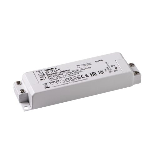 Kanlux, elektronikus transzformátor halogén izzókhoz (20-60W, 12V), SET60-K - hosszú élettartam, rövidzárlat- és túlterhelés elleni védelem