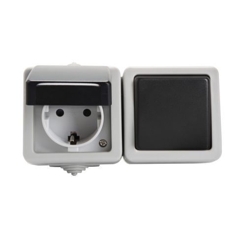 Kanlux 10A/16A, 72x136 mm, szürke, IP54 kettős kapcsoló + aljzat (vízszintes), TEKNO – kültéri szerelvény