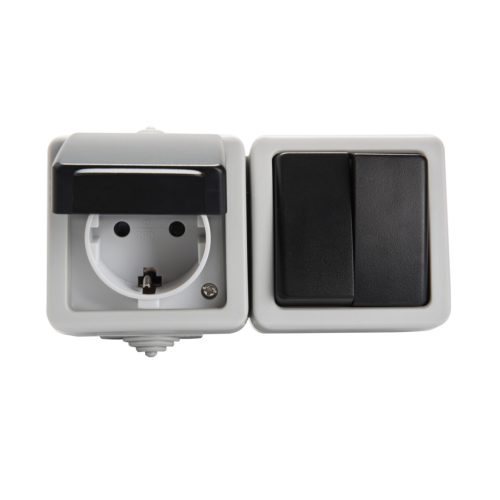 Kanlux 10AX/16A, 72x136 mm, szürke, IP54 kettős kapcsoló + aljzat, TEKNO – kültéri szerelvény
