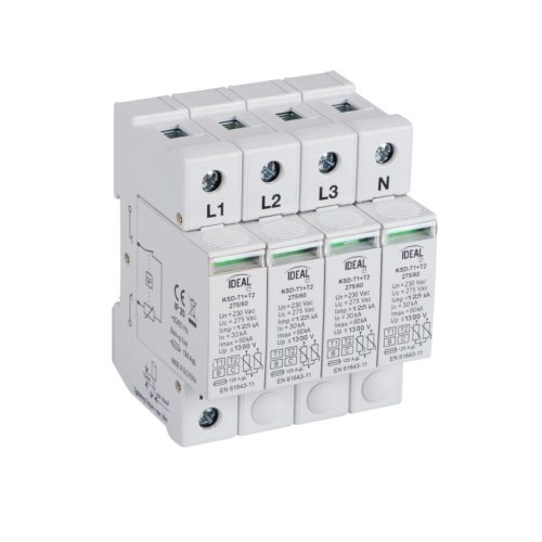 Ideal TS 230/400V AC TH35 4P T1+T2 60kA moduláris túlfeszültség korlátozó - 4 pólusú T1+T2 típusú, DIN sínre szerelhető, 5 év garancia