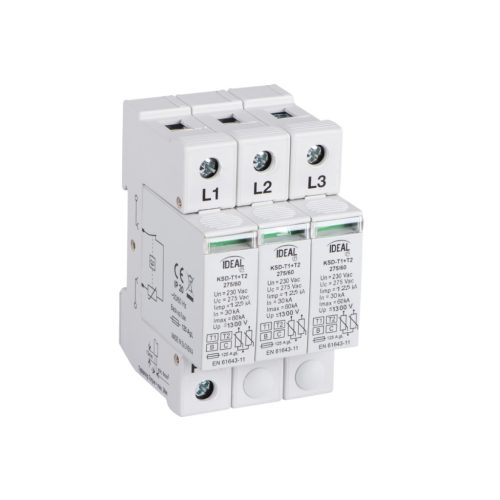 Ideal TS 230/400V AC TH35 3P T1+T2 60kA moduláris túlfeszültség korlátozó - 3 pólusú T1+T2 típusú, DIN sínre szerelhető, 5 év garancia