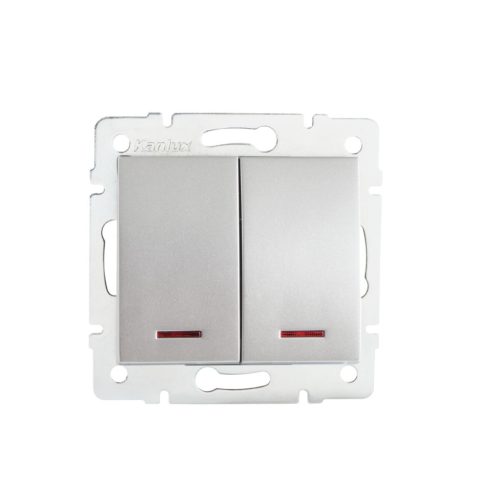 Kanlux 10AX/250V AC, IP20, ezüst, süllyesztett kettős csillárkapcsoló Logi – beépített jelzőfénnyel két lámpa egy helyről történő kapcsolásához.