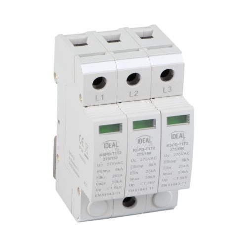 Ideal TS 230/400V AC TH35 3P T1+T2 50kA moduláris túlfeszültség korlátozó - 3 pólusú T1+T2 típusú, DIN sínre szerelhető, 5 év garancia