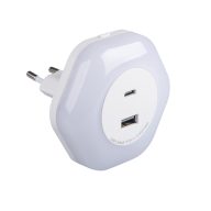   Kanlux 15W, 4 lm, 3000K, 81x76, meleg fehér éjszakai fény konnektorba, BOLA LED - USB-C, USB-A portokkal rendelkező